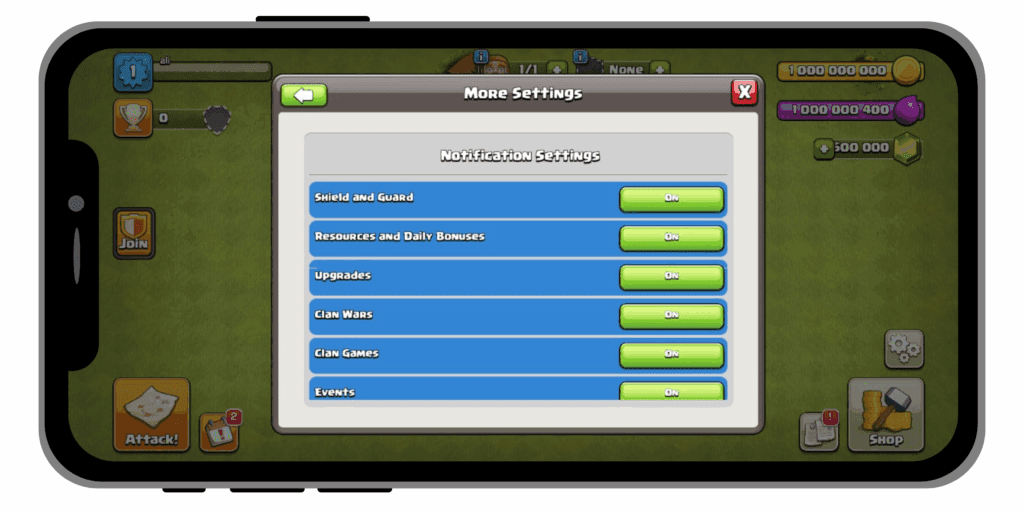 Clash of clans APK notification setting