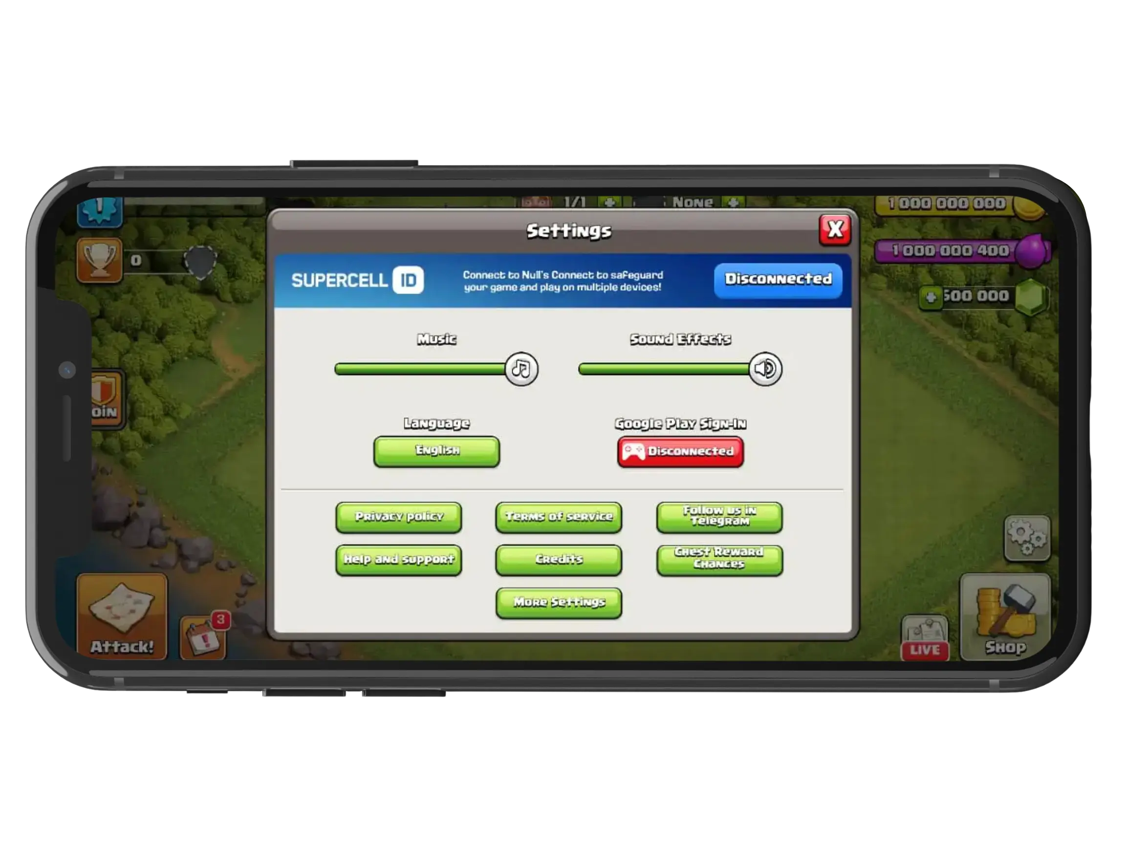 clash of clans setting